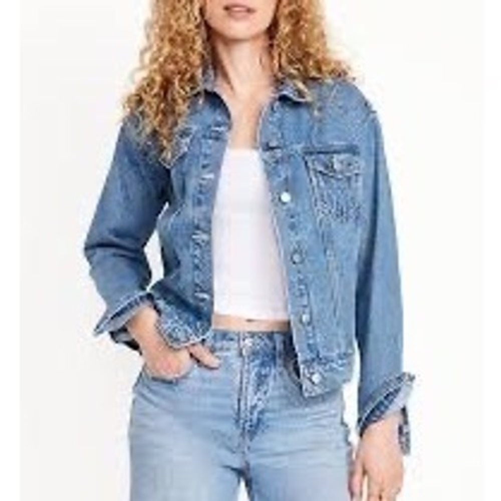 Old Navy Womens XL Medium Wash Denim Trucker Jacket Distressed Blue Cotton